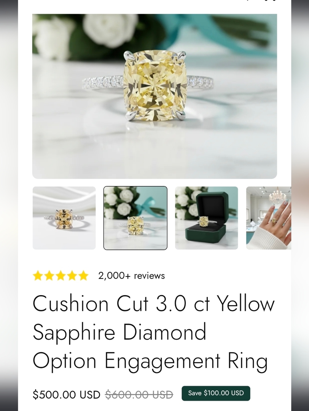 Evani Jewelry Yellow Cushion-Cut Gemstone Ring with Pavé Diamond Band